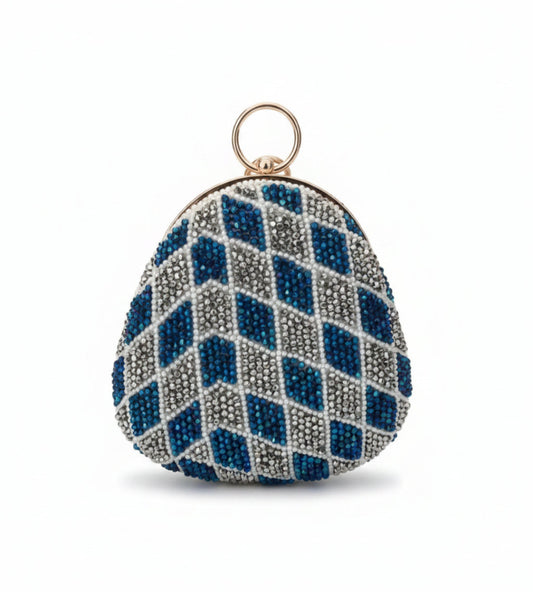 Beaded handbag with blue and silver pattern on a gray background
