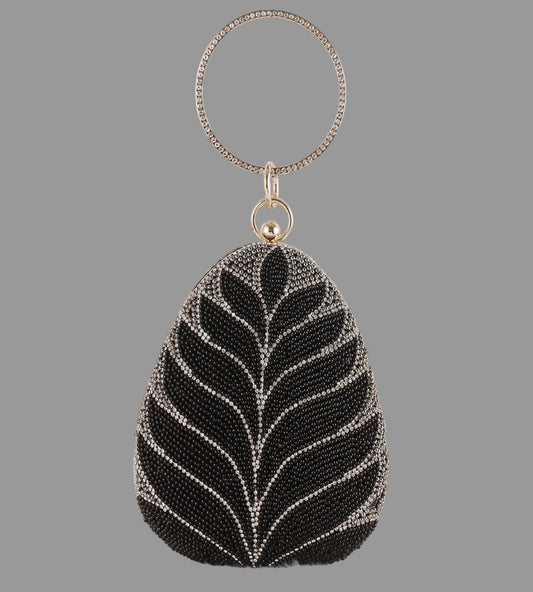Black beaded handbag with leaf design on a white background