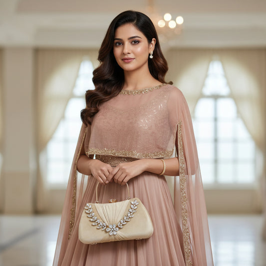 Beige handbag with decorative jewels on a textured surface with orange berries.