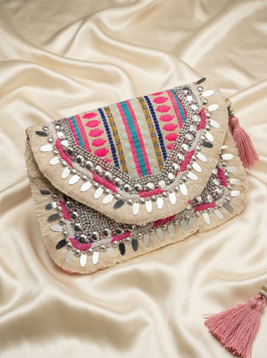 A beige bohemian clutch bag decorated with colorful pink, blue, and yellow stripes, silver mirror work, and pink tassels, resting on a cream satin fabric background.
