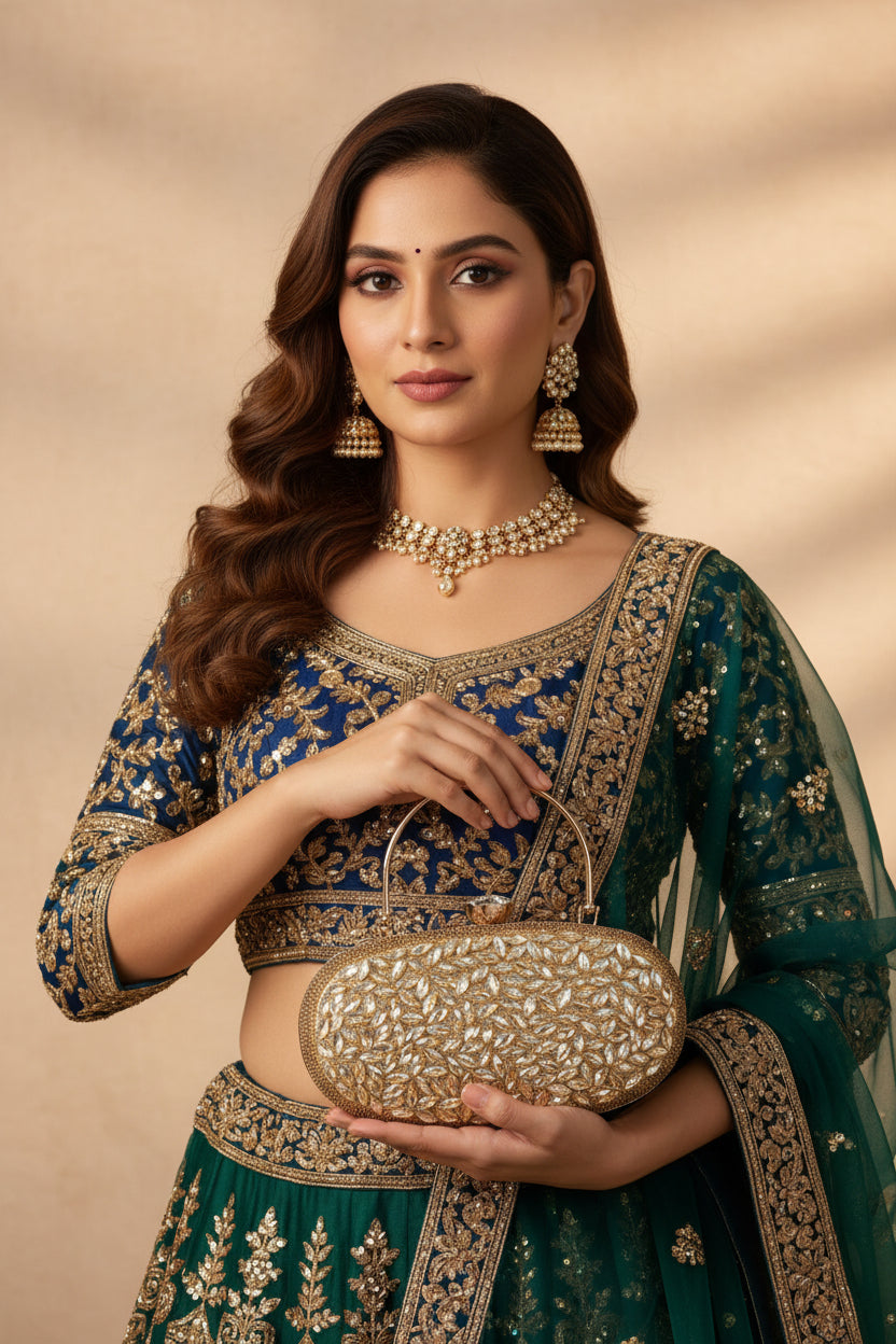 Gold evening bag with crystal embellishments on a light gray background