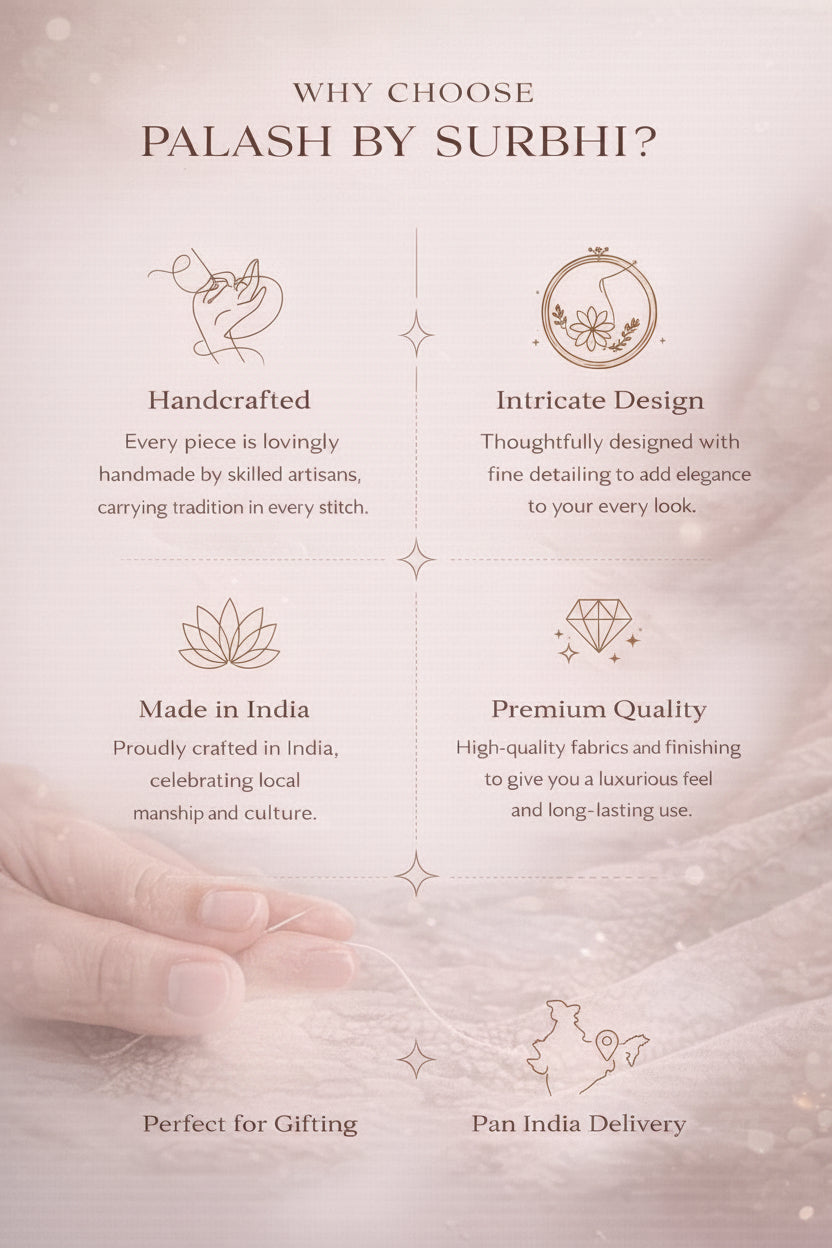 Promotional graphic for Palash by Surbhi highlighting handcrafted, intricate design, premium quality, and other features on a soft pink background.