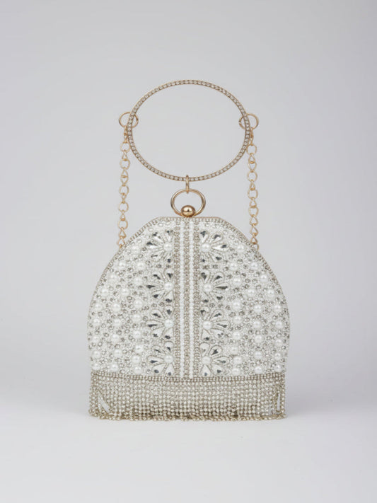 Elegant beaded handbag with a chain handle on a light gray background